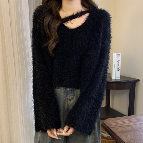 Actual shot of autumn and winter Korean style gentle style imitation mink fur soft and waxy lazy temperament trumpet sleeve short sweater