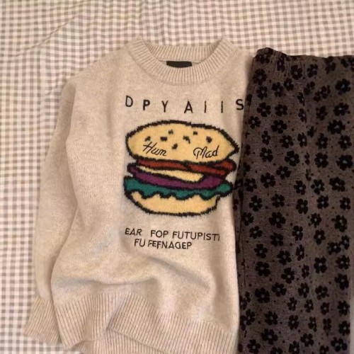 Funny hamburger embroidered knitting top 2024 new versatile soft and fluffy lazy autumn turtleneck sweater for women in winter