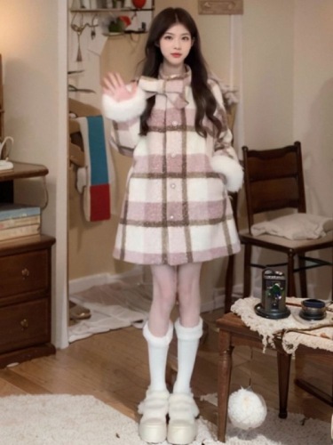 Korean sweet and high-end pink plaid woolen coat bow woolen coat women's winter petite suit