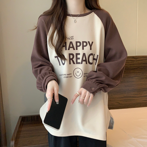 Actual shot of 380g Chinese cotton composite sweatshirt for women in autumn and winter plus velvet thick round neck raglan sleeve tops for women plus size