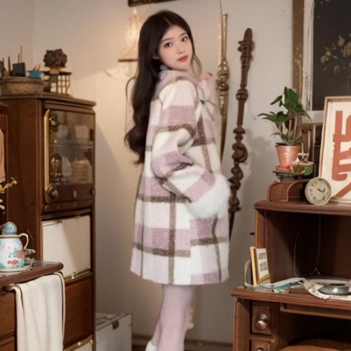 Korean sweet and high-end pink plaid woolen coat bow woolen coat women's winter petite suit