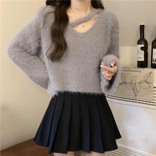 Actual shot of autumn and winter Korean style gentle style imitation mink fur soft and waxy lazy temperament trumpet sleeve short sweater