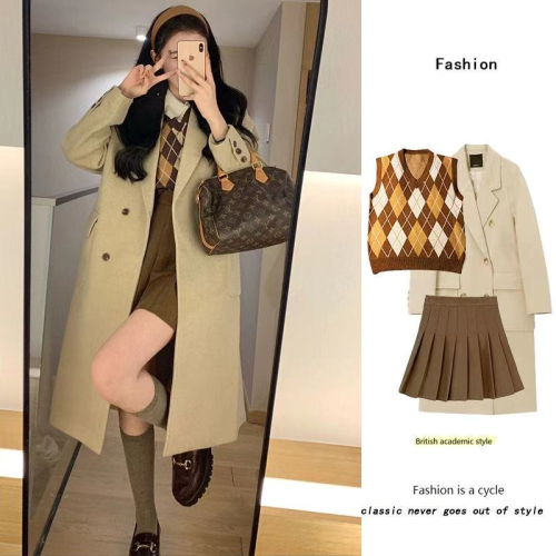 New winter Hepburn style coat Korean style loose silhouette mid-length woolen British style suit jacket windbreaker