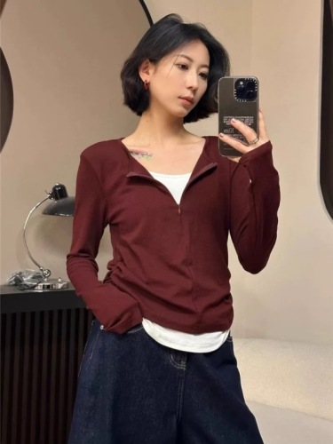 2024 new autumn fashion stitching contrasting color long-sleeved T-shirt women's fake two-piece slimming bottoming shirt top