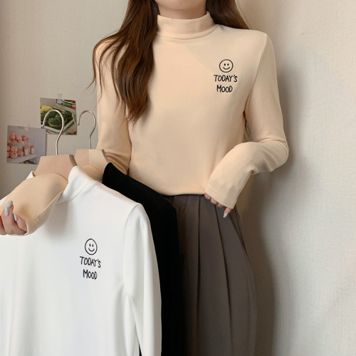 Real shot of bottoming shirt for women slim half turtleneck autumn and winter plus velvet 2024 trendy solid color warm top long-sleeved T-shirt