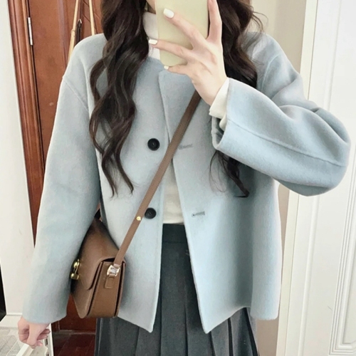 High-end light luxury blue woolen coat women's autumn and winter new Korean style small casual short woolen coat