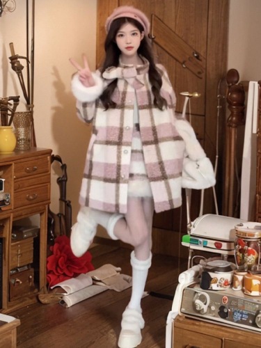 Korean sweet and high-end pink plaid woolen coat bow woolen coat women's winter petite suit