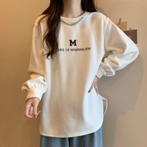 Actual shot of 380g Chinese cotton composite sweatshirt for women in autumn and winter plus velvet thick round neck raglan sleeve tops for women plus size