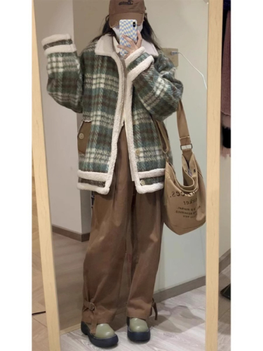 Japanese retro plaid design niche woolen coat women's winter loose thickened lamb wool woolen coat trendy