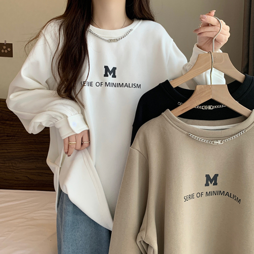 Actual shot of 380g Chinese cotton composite sweatshirt for women in autumn and winter plus velvet thick round neck raglan sleeve tops for women plus size