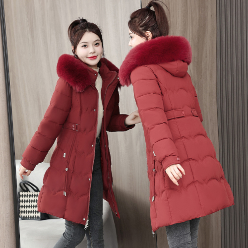 Down cotton mother winter coat thickened waist small slimming 2024 women's large fur collar cotton coat mid-length