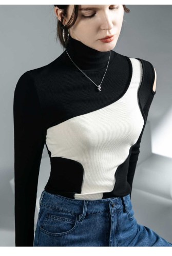 Ribbed inner wear new long-sleeved black and white patchwork top for women