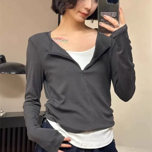 2024 new autumn fashion stitching contrasting color long-sleeved T-shirt women's fake two-piece slimming bottoming shirt top