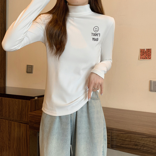 Real shot of bottoming shirt for women slim half turtleneck autumn and winter plus velvet 2024 trendy solid color warm top long-sleeved T-shirt