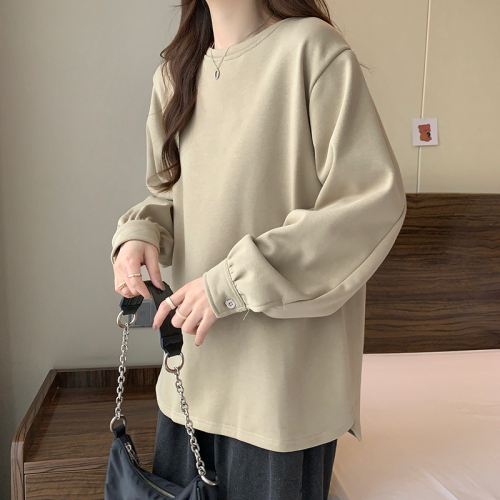 Actual shot of 380g Chinese cotton composite sweatshirt for women in autumn and winter plus velvet thick round neck raglan sleeve tops for women plus size