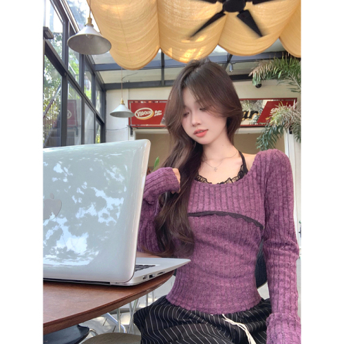 Real shot of Yuzi Tiancha fake two-piece halterneck lace long-sleeved T-shirt for women plush bottoming knitted top