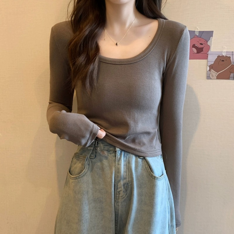 Good quality white long-sleeved T-shirt for women in autumn with design sense U-neck slimming bottoming shirt with T-shirt inside