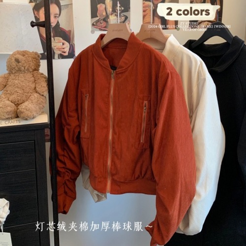 Real shot of personalized fashionable hot girl loose retro corduroy zipper jacket coat cotton coat