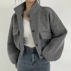 Korean chic autumn and winter retro niche stand-up collar single-breasted loose casual versatile long-sleeved short woolen coat for women