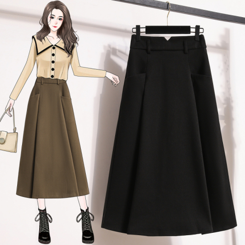 7203 Real shot woolen skirt for women mid-length high-waisted A-line version autumn and winter slimming A-line winter with sweater winter skirt