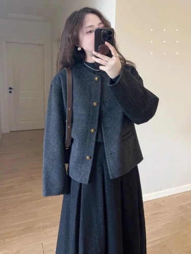 French style black double-sided cashmere woolen coat for women autumn and winter wool double-sided woolen short woolen coat