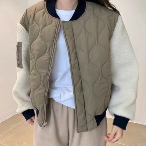 Korean chic lamb wool spliced ​​sleeves pressed cotton jacket round neck zipper baseball jacket cotton jacket for women