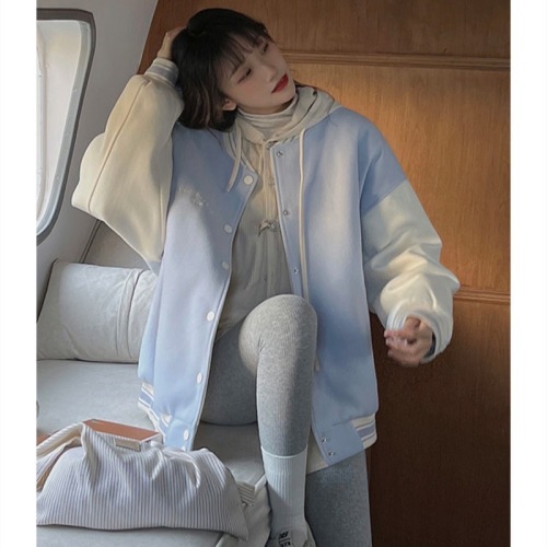 Longfengni replica super soft sky blue woolen baseball cotton coat for women Korean version loose winter thickened cotton coat