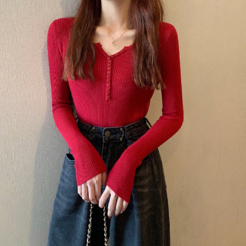 Actual shot of autumn and winter core-spun yarn button-down sweater, slim-fitting bottoming shirt top