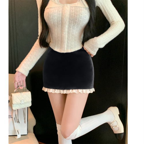 Actual shot~Autumn high-end gold velvet skirt women's lace splicing hip skirt slimming short skirt