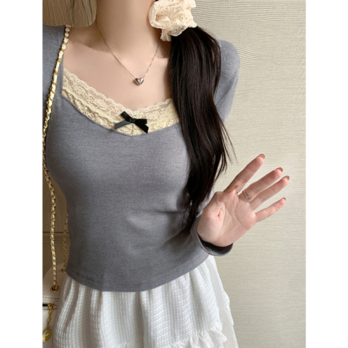 Real shot of lace spliced ​​long-sleeved T-shirt for women brushed and thickened