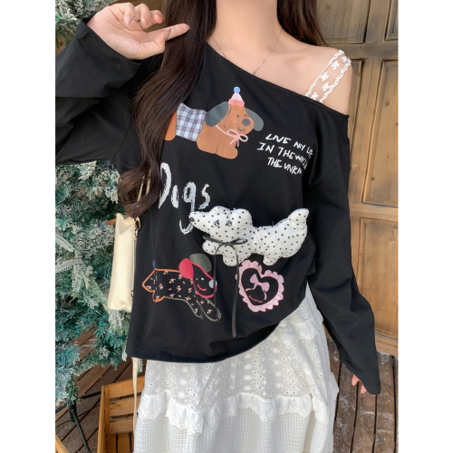 Real shot of doll lace long-sleeved T-shirt for women with digital printing