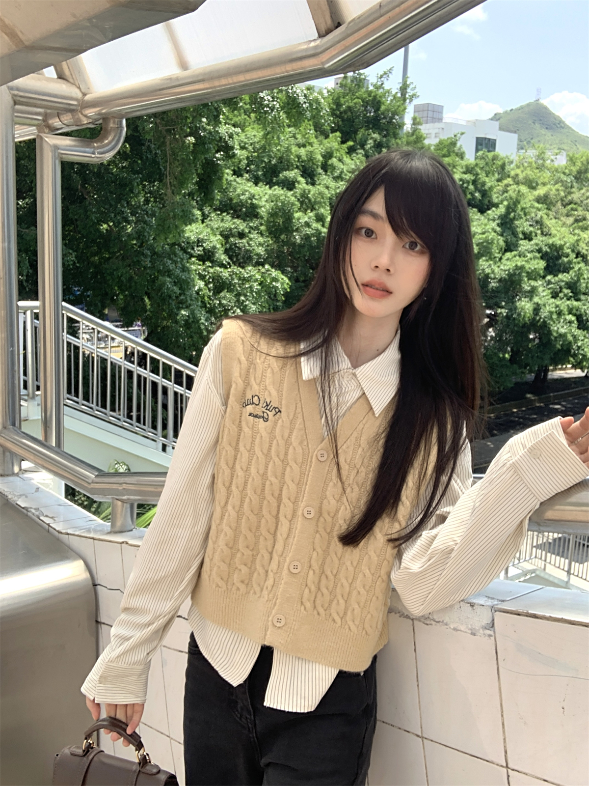 Photographed Knit V-neck Vest + Striped Shirt Two-Piece Set