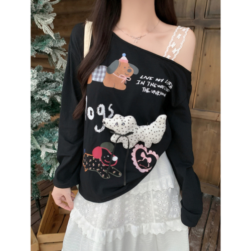 Real shot of doll lace long-sleeved T-shirt for women with digital printing