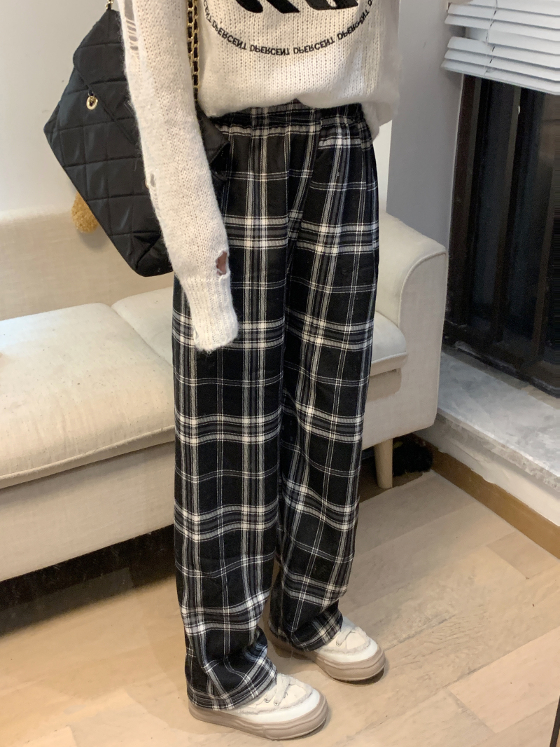 Photographed Grid Thickened and Fleece Wide Leg Pants High-Waisted Loose Straight Leg Thickened Lamb's Wool Warm Casual Pants