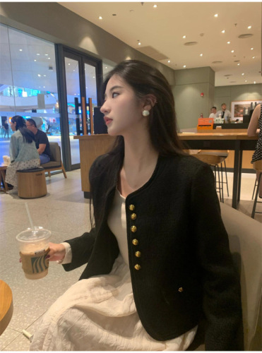 Black tweed small fragrant jacket for women spring and autumn 2024 new high-end loose short casual temperament jacket