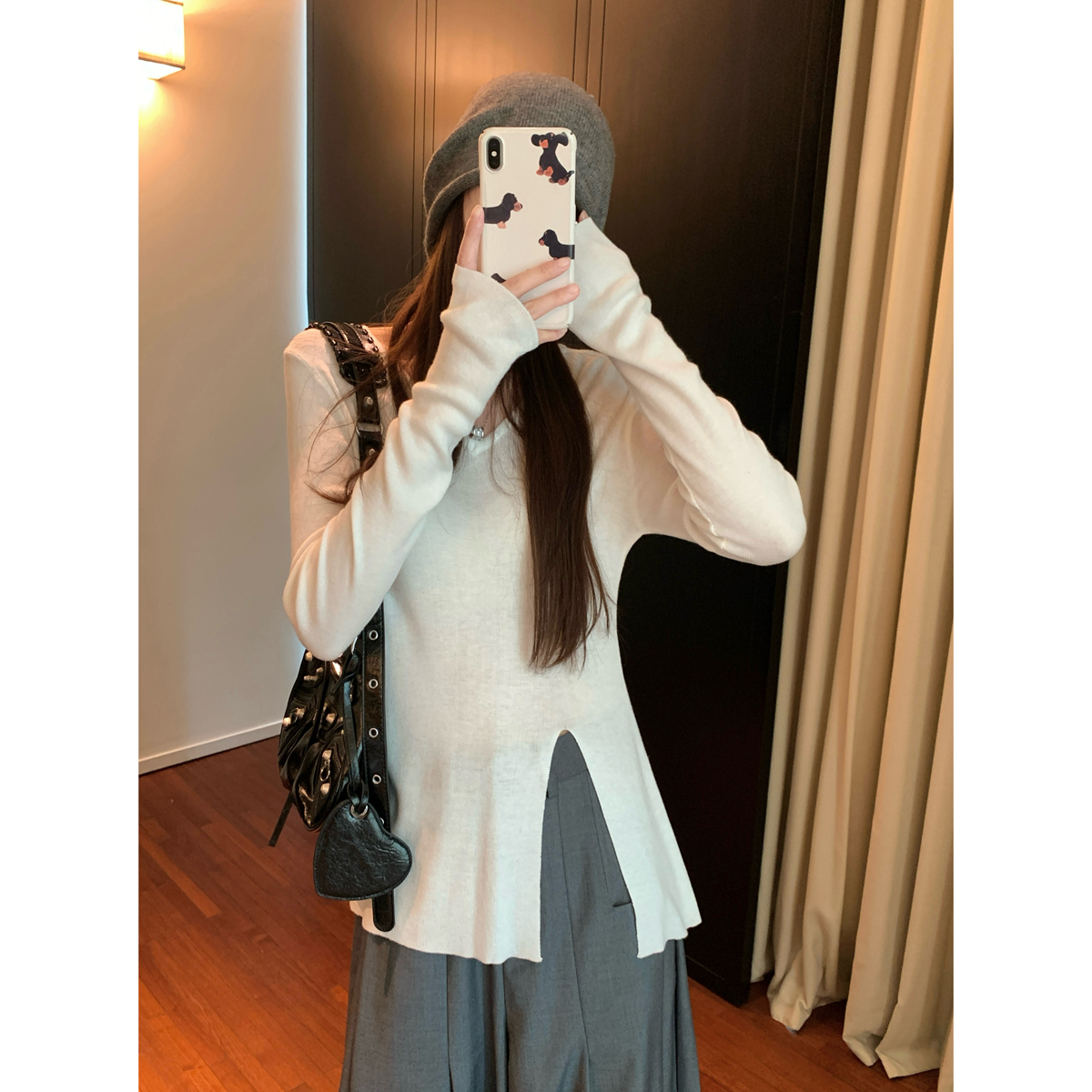 實拍 秋冬韓版v領氣質開叉設計百搭6羊毛針織長袖打底上衣女