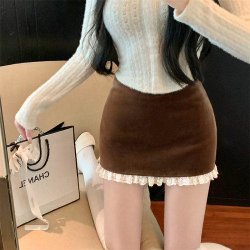 Actual shot~Autumn high-end gold velvet skirt women's lace splicing hip skirt slimming short skirt