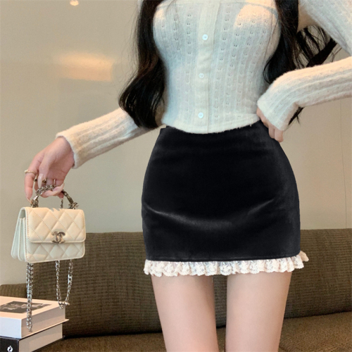 Actual shot~Autumn high-end gold velvet skirt women's lace splicing hip skirt slimming short skirt