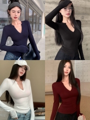Real shot of autumn sexy half-open collar solid color slimming long-sleeved T-shirt women's tight inner layering shirt
