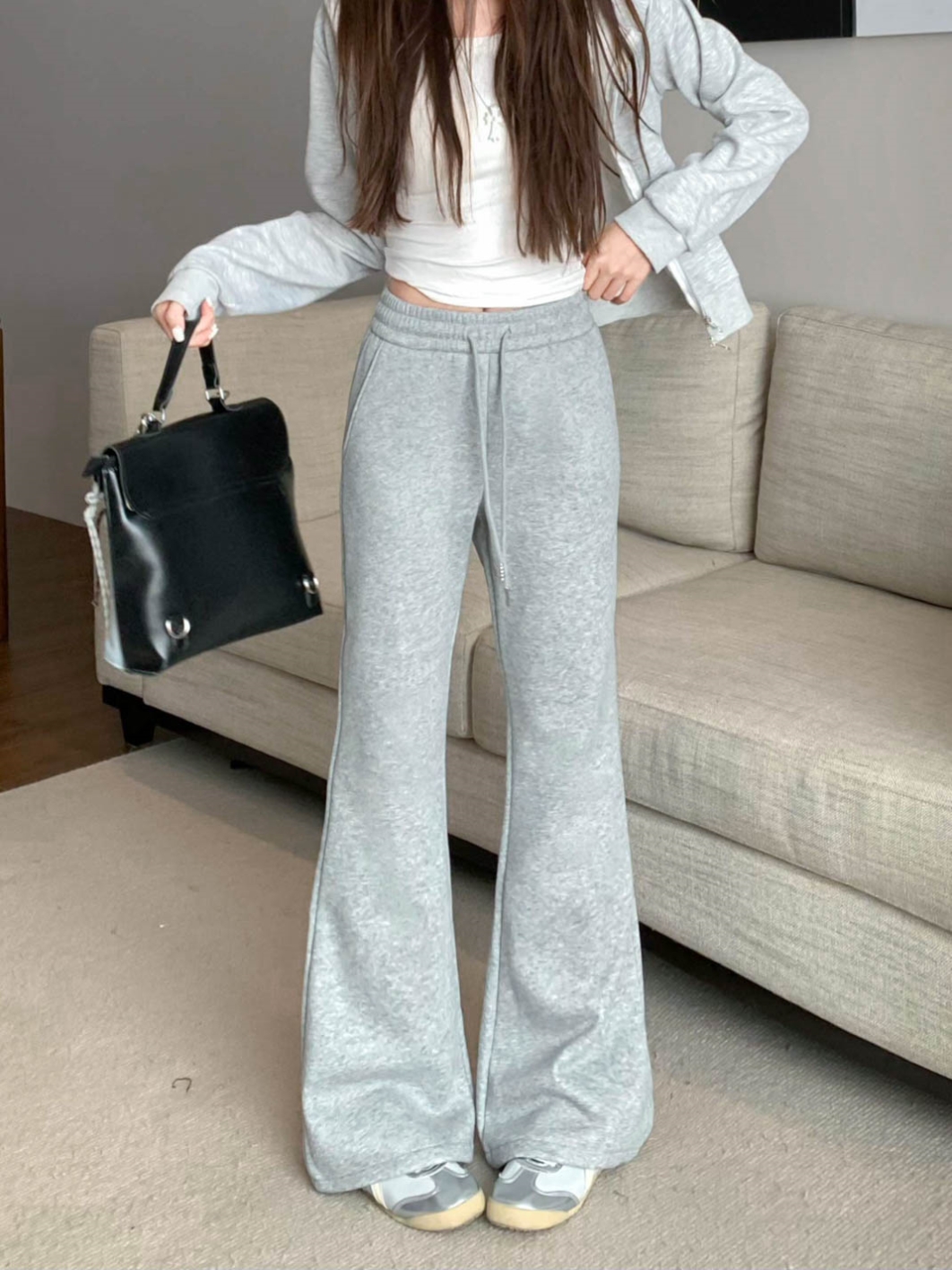 Actual shot of new autumn and winter velvet thickening American low-flare casual pants high-waisted slimming horse hoof pants