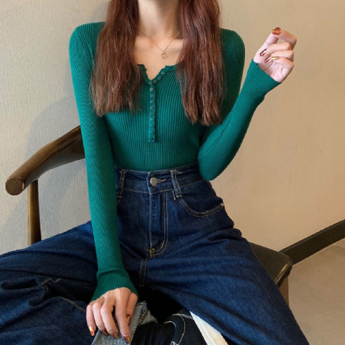 Actual shot of autumn and winter core-spun yarn button-down sweater, slim-fitting bottoming shirt top