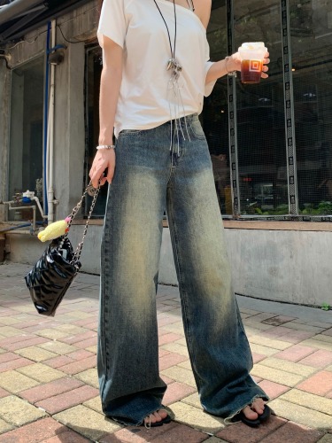 Real shot!  Retro washed jeans for women, loose, slim, Korean style, versatile straight wide leg pants, trendy