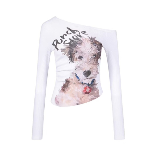 Ribbed velvet oil painting dog print long-sleeved women's early autumn off-shoulder T-shirt slim fit top