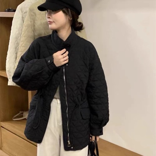 Korean style loose casual rhombus lightweight cotton coat women's stand collar autumn and winter new waist cotton jacket