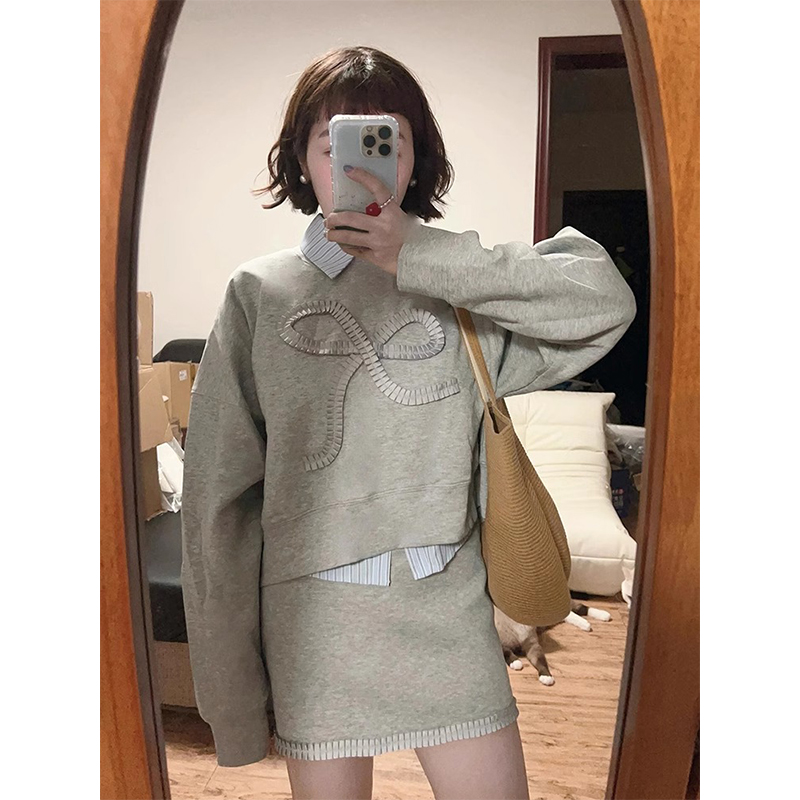 有內里寬鬆衛衣套裝女春秋季短款上衣半裙兩件套女
