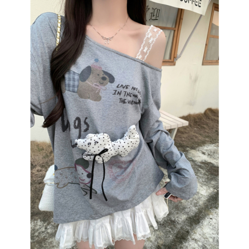 Real shot of doll lace long-sleeved T-shirt for women with digital printing