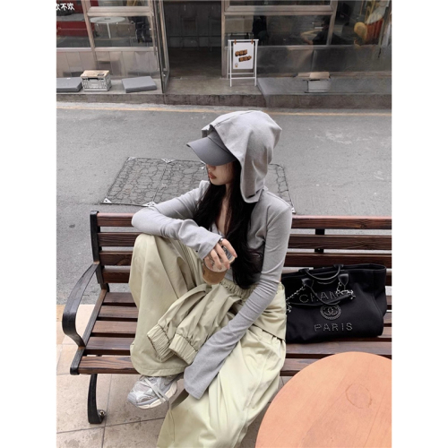 Colorful cotton ribbed gray hooded swing collar long-sleeved T-shirt for women autumn slim fit navel-baring short top