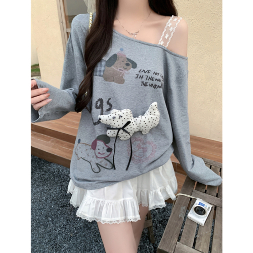 Real shot of doll lace long-sleeved T-shirt for women with digital printing