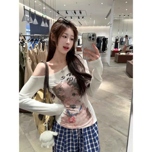 Ribbed velvet oil painting dog print long-sleeved women's early autumn off-shoulder T-shirt slim fit top