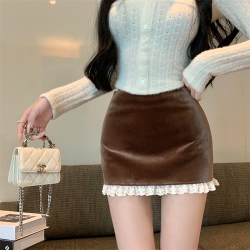 Actual shot~Autumn high-end gold velvet skirt women's lace splicing hip skirt slimming short skirt